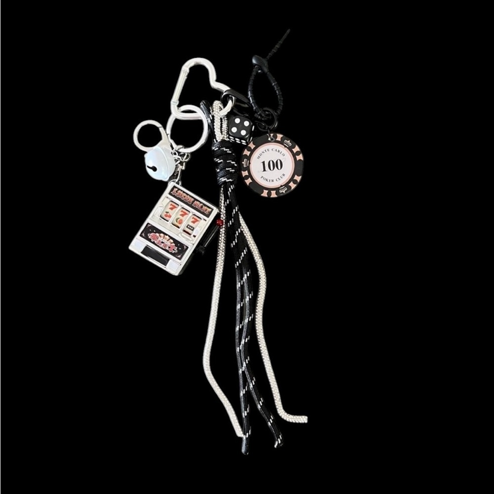 Black and Silver Keychain with Poker and Slots Charm. New